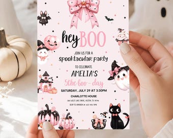 Pink Spooky Birthday Invitation, Halloween Birthday Invitation, Girl Halloween Birthday Party Invite, Editable Bow Halloween Party Invite