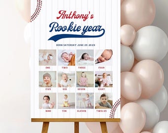 Baseball First Birthday Photo Board, 1st Birthday Photo Collage, Baseball 1st Birthday Milestone, Baseball Photo Stats Sign, Canva Template