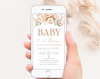 Könnte beinhalten: Eine digitale Einladung zu einer Babyparty mit einem Blumenmuster. Die Einladung lautet "Baby in bloom" und enthält den Namen Brenda Henry, das Datum Samstag, 14. Mai 2024, um 14:30 Uhr, den Ort "The Henry Home" und die Adresse 3815 Westlake Drive, Austin, TX 78745. Die Einladung enthält auch die RSVP-Informationen und die Registrierungsinformationen.