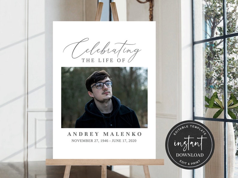 K&ouml;nnte beinhalten: Ein wei&szlig;es Gedenkposter mit einem Schwarzwei&szlig;foto eines Mannes mit Brille. Das Poster lautet "Celebrating the Life of" und "Andrey Malenko" mit den Daten "November 27, 1946 - June 17, 2020". Das Poster enth&auml;lt auch einen schwarzen Kreis mit wei&szlig;em Text, der "Editable Template instant Download Edit & Print" lautet.