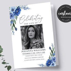 May include: A blue floral memorial card with a black and white photo of a woman. The card reads "Celebrating the Life of" and includes the name "Julianna Williams" and the dates "November 27, 1946 - June 17, 2020". The card also includes the date and time of the memorial service, the name of the cemetery, and the address.