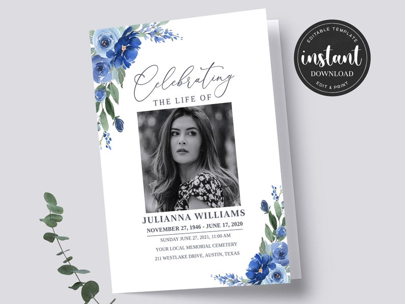 May include: A blue floral memorial card with a black and white photo of a woman. The card reads "Celebrating the Life of" and includes the name "Julianna Williams" and the dates "November 27, 1946 - June 17, 2020". The card also includes the date and time of the memorial service, the name of the cemetery, and the address.