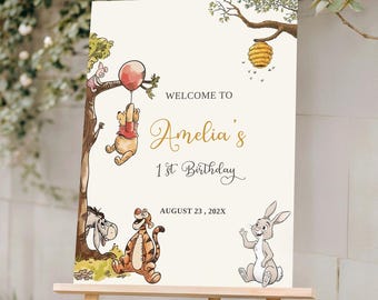 Winnie the Pooh Birthday Welcome Sign, Winnie the Pooh 1st Birthday Sign, Any Age Poster, Editable Birthday Sign Canva Template