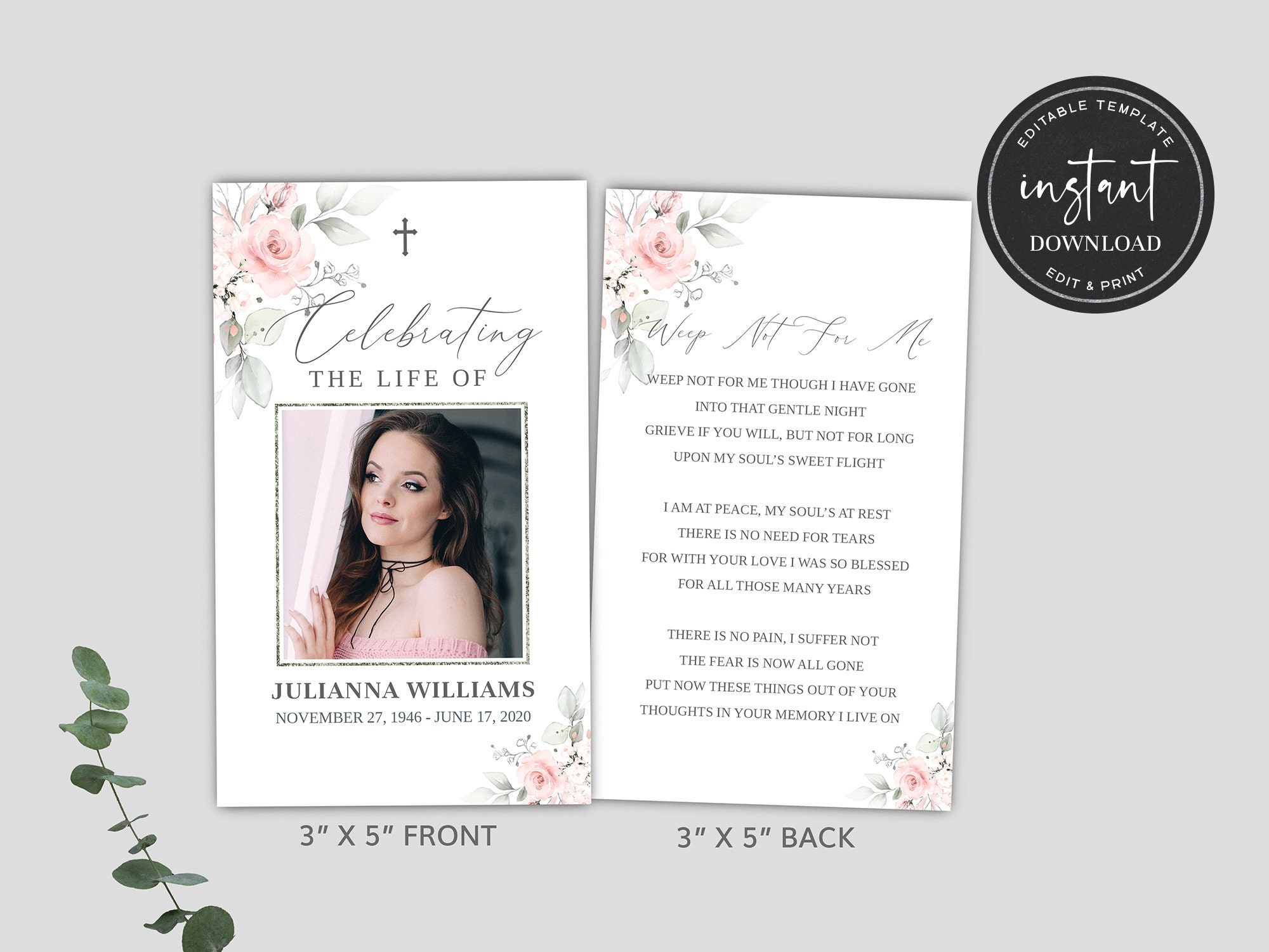 Funeral Prayer Card Template Printable Memorial Prayer Cards - Etsy