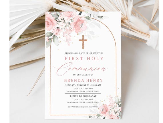 Pink First Holy Communion Invitation Template, Blush Pink First Communion Invite, Editable First Communion Invitation, Girl Communion Invite
