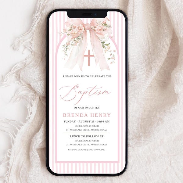 Electronic Baptism Invitation Template, Digital Baptism Text Invitation, Pink Baptism Invite, Pink Bow Baptism Evite, Canva Baptism Evite