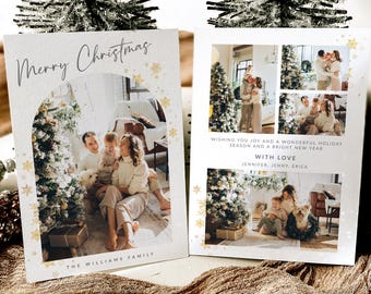 May include: Two rectangular holiday photo cards featuring family portraits. The left card has an arched photo frame, gold snowflake accents, and the text Merry Christmas and The Williams Family. The right card displays three photos, gold snowflakes, and the text Wishing you joy and a wonderful holiday season and a bright new year with love Jennifer, Jenny, Erica.