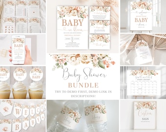 Könnte beinhalten: Ein Baby Shower-Druckpaket mit floralem Thema. Das Paket beinhaltet Einladungen, Cupcake-Topper, Wasserflaschenetiketten, ein Willkommenszeichen, einen Kalender, ein individuelles Schild und vieles mehr. Das florale Design ist in den Farben Blush-Rosa, Creme und Grün gehalten.