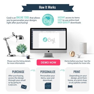 May include: A graphic showing how to use Corjl, an online tool to personalize designs. The graphic shows a computer screen with the Corjl logo, a purchase button, a personalize button, and a print button. The graphic also includes text explaining the steps involved in using Corjl.