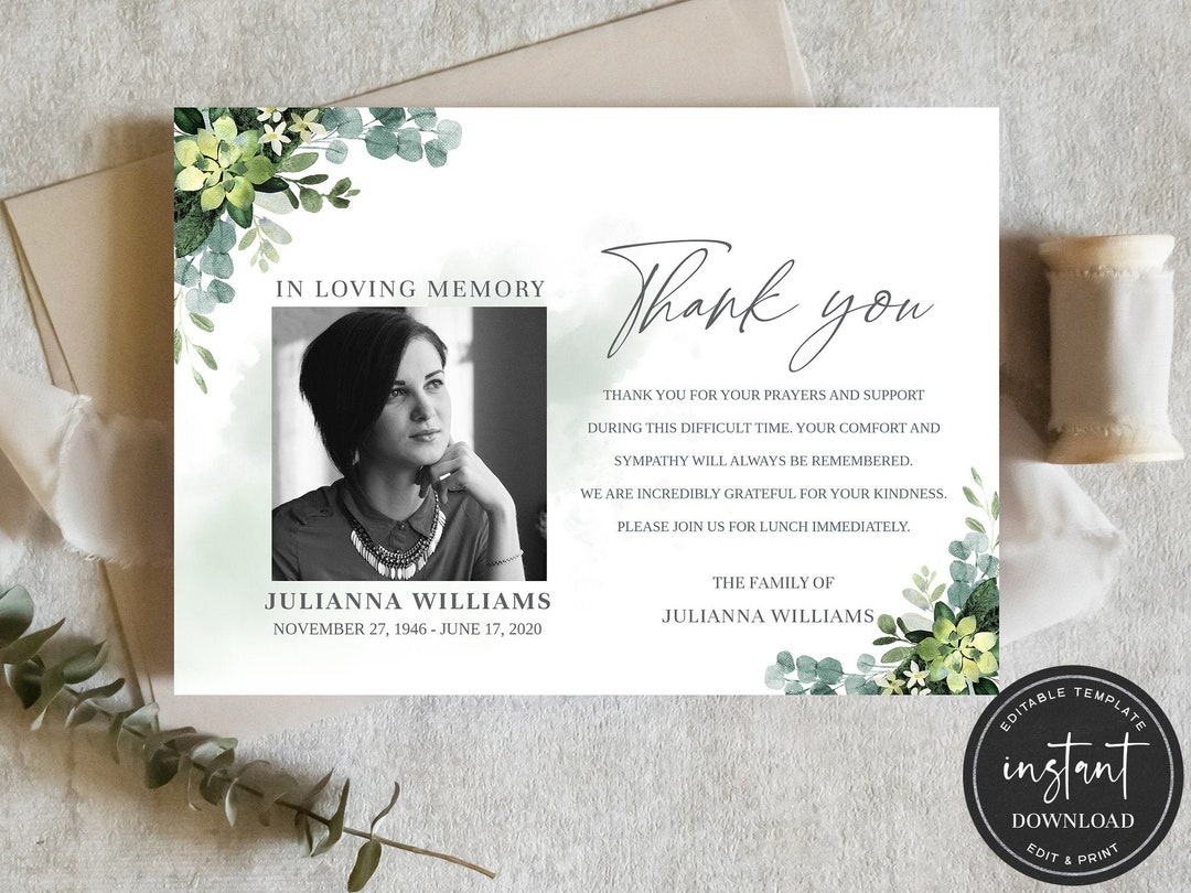 Funeral Thank You Card, Funeral Thank You Cards, Editable Memorial Card