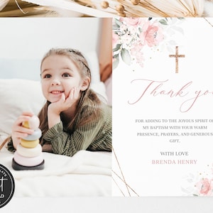 Tarjeta de agradecimiento por bautismo, tarjeta rosa de bautismo, tarjeta con foto de bautismo, tarjeta de agradecimiento por bautismo, tarjeta con foto de agradecimiento, tarjeta de agradecimiento por bautismo