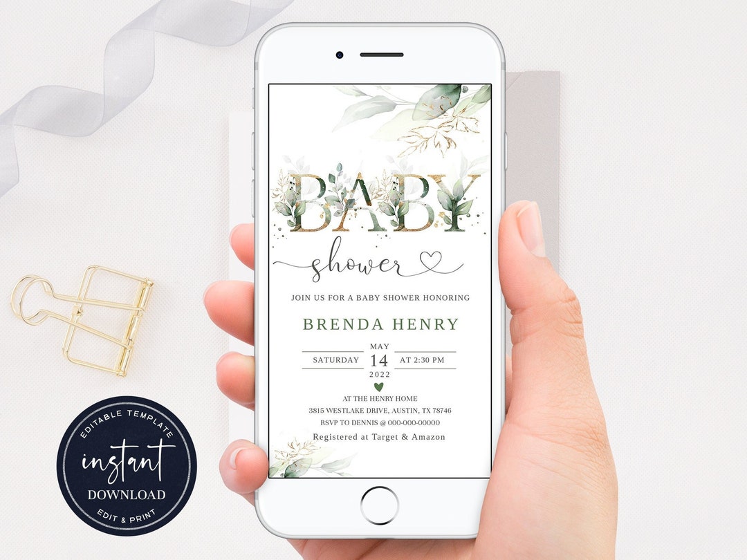 Electronic Baby Shower Invitation, Greenery Electronic Baby Shower
