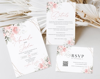 May include: A wedding invitation suite featuring a white card with pink floral watercolor illustrations, geometric gold lines, and black text. The set includes a main invitation for Amanda and Jordan, a details card, and an RSVP card with a QR code.
