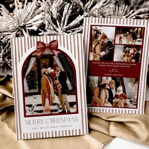 May include: Two rectangular Christmas cards with a white and tan striped border. The left card features a photo of a family in snow, a red bow, and the text MERRY CHRISTMAS THE WILLIAMS FAMILY. The right card has three photos and the text WISHING YOU JOY AND A WONDERFUL HOLIDAY SEASON AND A BRIGHT NEW YEAR with love Jennifer, Jenny, Erica.