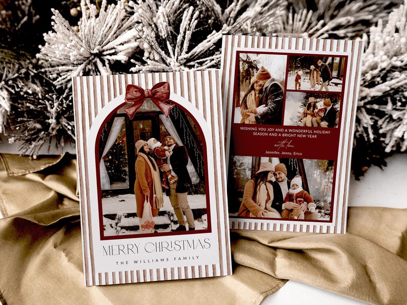 May include: Two rectangular Christmas cards with a white and tan striped border. The left card features a photo of a family in snow, a red bow, and the text MERRY CHRISTMAS THE WILLIAMS FAMILY. The right card has three photos and the text WISHING YOU JOY AND A WONDERFUL HOLIDAY SEASON AND A BRIGHT NEW YEAR with love Jennifer, Jenny, Erica.