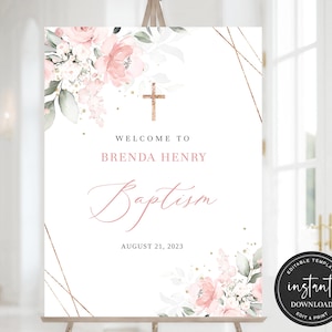 Pink Baptism Welcome Sign, Editable Baptism Welcome Sign, Pink Watercolor Baptism Sign, Girl Pink Baptism Welcome Sign, Baptism Welcome Sign