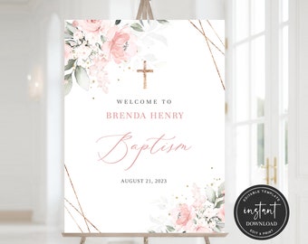 Pink Baptism Welcome Sign, Editable Baptism Welcome Sign, Pink Watercolor Baptism Sign, Girl Pink Baptism Welcome Sign, Baptism Welcome Sign