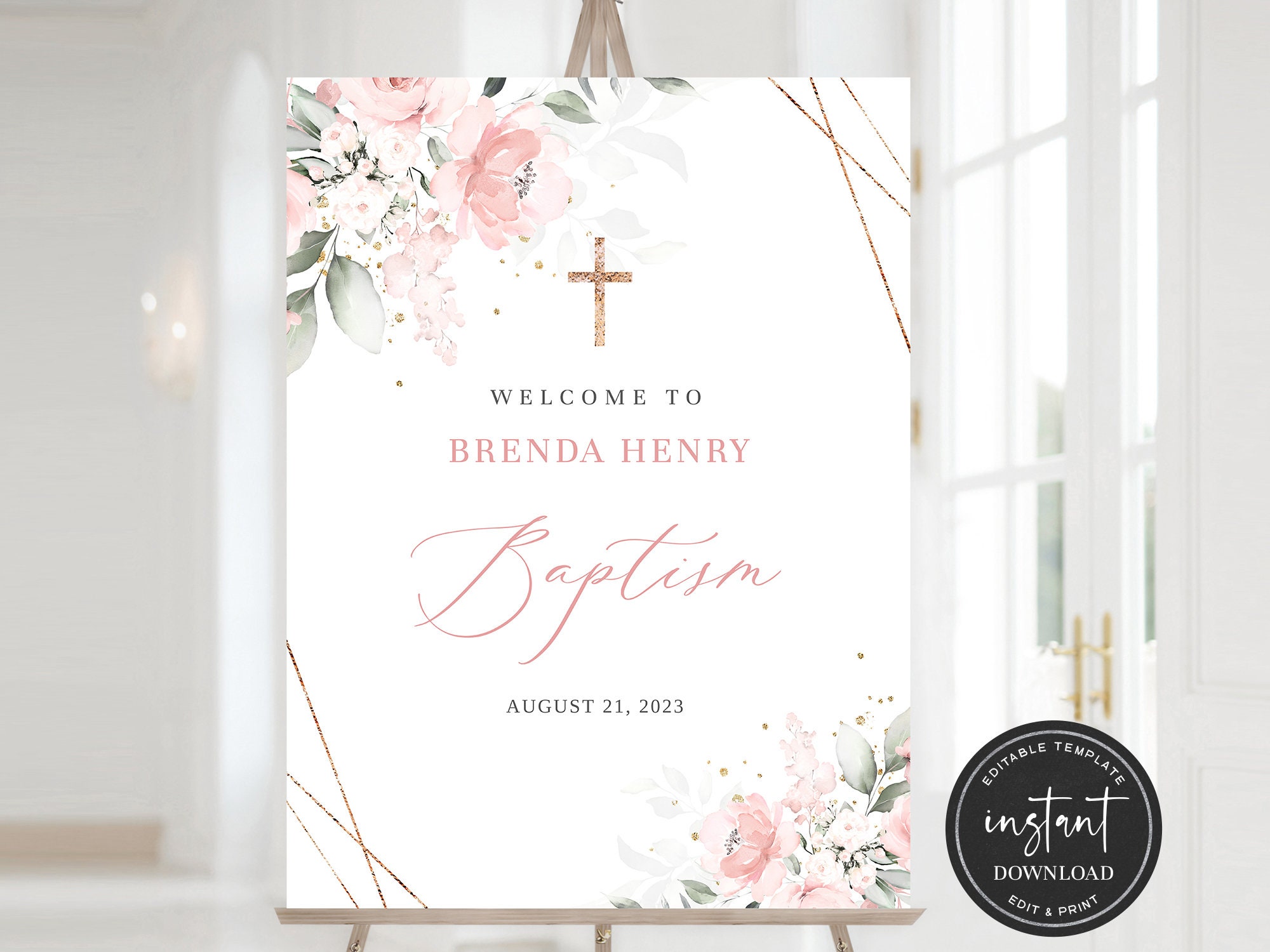 Pink Baptism Welcome Sign, Editable Baptism Welcome Sign, Pink Watercolor Baptism Sign, Girl Pink Baptism Welcome Sign, Baptism Welcome Sign