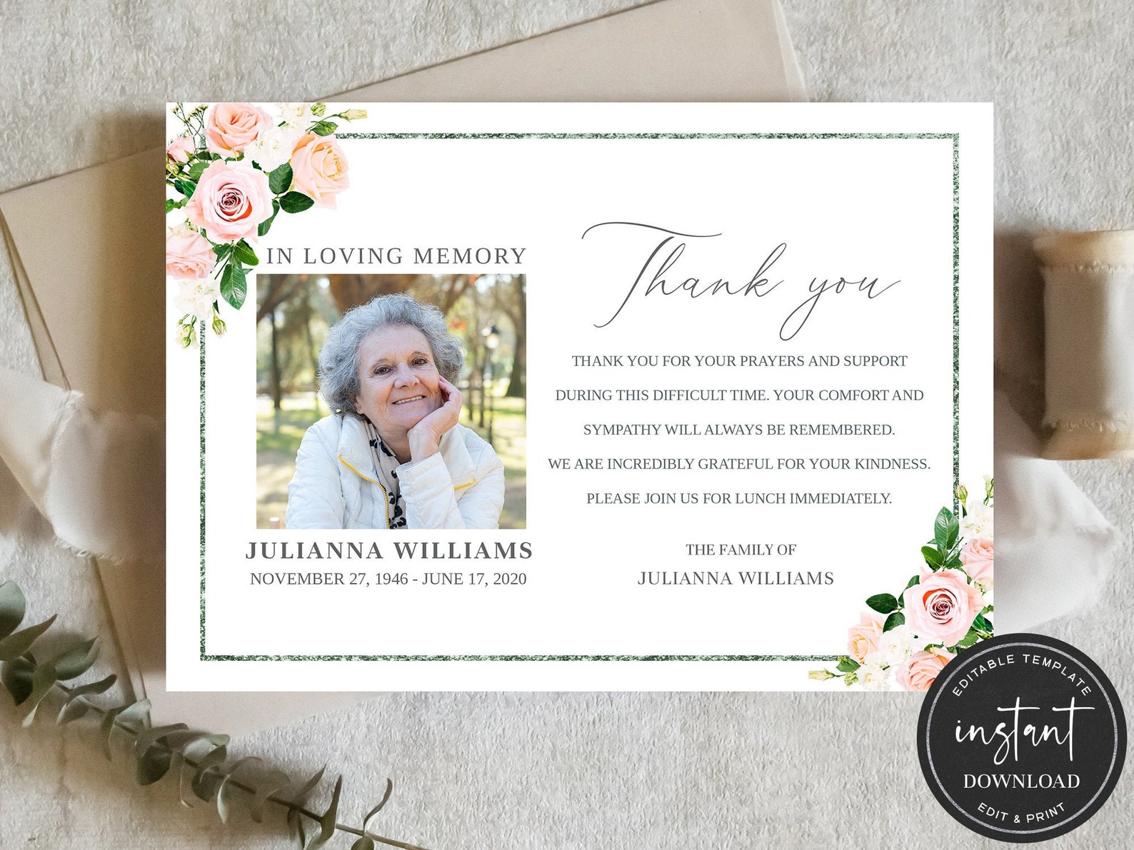 Funeral Thank You Card, Funeral Thank You Card Template, Memorial Cards