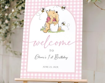 Winnie the Pooh Birthday Welcome Sign, Winnie the Pooh 1st Birthday Sign, Pink Winnie the Pooh Birthday Sign, Birthday Sign Canva Template