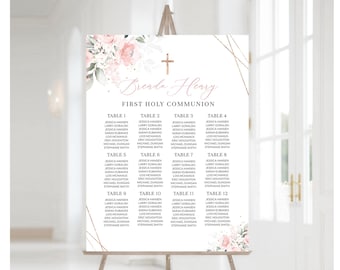 May include: A First Holy Communion seating chart on an easel. The sign features the names "Brenda Henry" and "First Holy Communion" in elegant script. Floral accents and a gold cross and geometric design add to the design.
