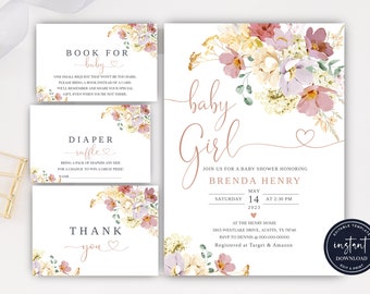 Blush Pink Baby Shower Invitation, Girl Baby Shower Invitation, Spring Flowers Baby Shower Invite, Sweet Baby Girl Invite, Girls Baby Shower