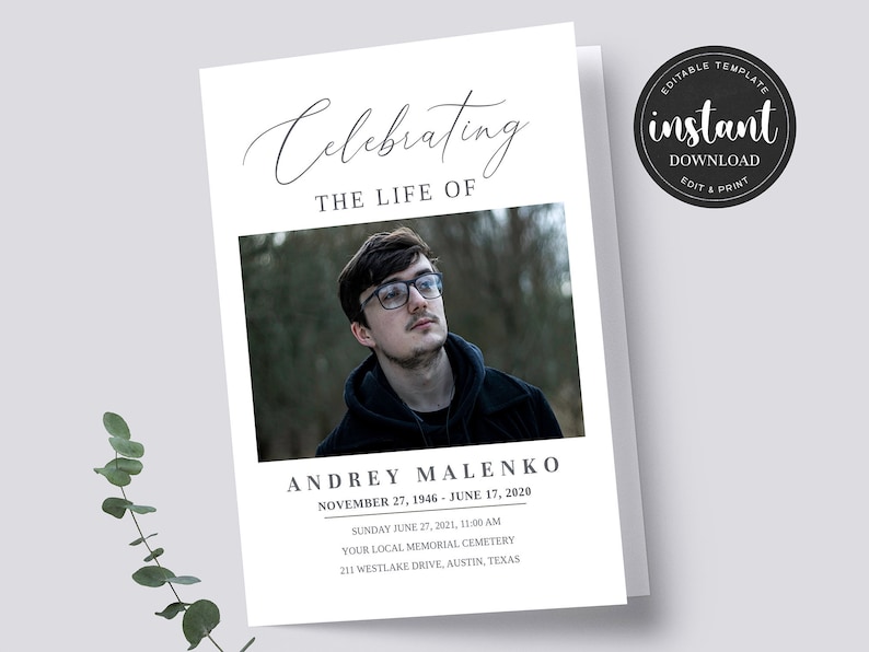 May include: A black and white funeral announcement with a photo of a man wearing glasses. The announcement reads "Celebrating the Life of Andrey Malenko, November 27, 1946 - June 17, 2020. Sunday, June 27, 2021, 11:00 AM, Your Local Memorial Cemetery, 211 Westlake Drive, Austin, Texas."