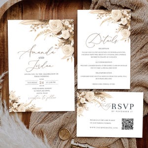 Suite de modèles de faire-part de mariage bohème, ensemble de faire-part de mariage herbe de la pampa, suite de faire-part de mariage bohème, faire-part de mariage en terre cuite