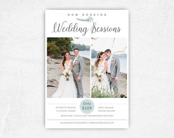 May include: A flyer advertising wedding photography sessions. The flyer features two photos of a couple in wedding attire, one on a beach and one in a field of tall grass. The text on the flyer reads "Wedding Sessions", "30 Minute Session", "15 Digital Images", "Only £109", "Print Release", "Online Gallery", "Book Now! 123 123 1234", "Info@YourStudio.com", "Your Name Photography", and "www.YourStudio.com".