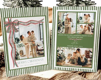 Holiday Photo Card Template, Green Bow Stripe Christmas Card, Christmas Bow Stripe Family Photo Card, Editable Canva Happy Holidays Template