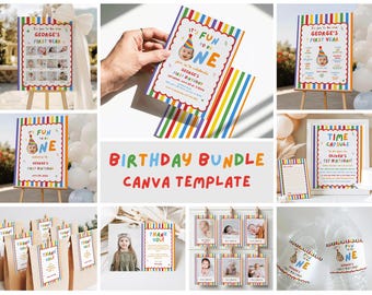 Fun to Be One Birthday Bundle, Primary Colors Boy First Birthday Bundle, 1st Baby Birthday decorations Set, Editable Birthday Canva Template