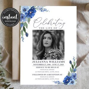 May include: A blue and white floral memorial card with a photo of a woman. The text reads "Celebrating the Life of" and includes the name "Julianna Williams" and the dates "November 27, 1946 - June 17, 2020". The card also includes information about the service and reception.
