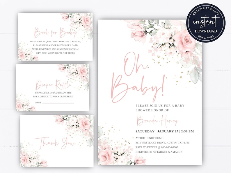 May include: A pink and white floral baby shower invitation with gold glitter. The invitation says "Oh Baby!" and includes the date, time, and location of the shower. It also includes the name of the guest of honor, Brenda Henry, and the RSVP information. The invitation is decorated with a watercolor floral design.