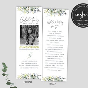 Funeral Bookmark Template, Memorial Bookmark Template, Memorial Keepsake, Celebration of Life Bookmark, Funeral Keepsake Cards FDP00900