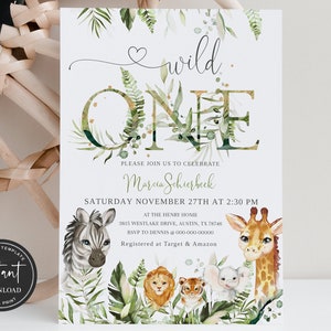 Safari Birthday Invitation, Wild One Birthday Invitation, Wild One Birthday Boy Invitation, Gold Jungle Animals invitations, BSI10ZBR