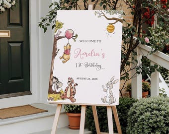 Winnie the Pooh Birthday Welcome Sign, Winnie the Pooh 1st Birthday Sign, Classic Winnie the Pooh Birthday Sign, Pooh Canva Template