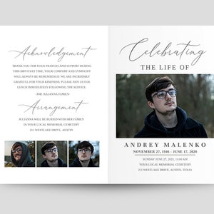 May include: A black and white funeral announcement for Andrey Malenko. The announcement includes a photo of Andrey, his birth and death dates, and the date and time of the funeral service. The announcement also includes the address of the funeral home.