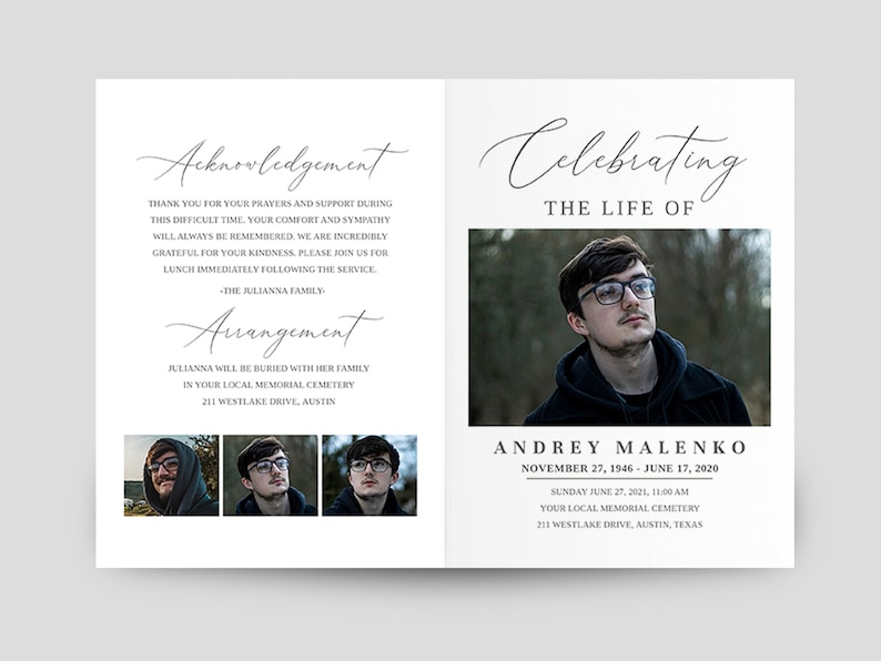 May include: A black and white funeral announcement for Andrey Malenko. The announcement includes a photo of Andrey, his birth and death dates, and the date and time of the funeral service. The announcement also includes the address of the funeral home.