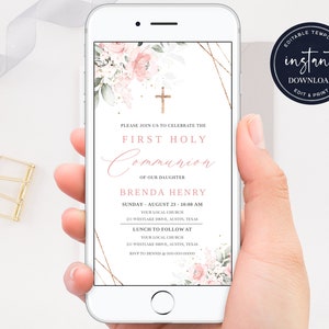 Puede incluir: Una invitación digital para una Primera Comunión con un diseño floral rosa y detalles dorados. La invitación incluye el texto "Primera Comunión" y el nombre "Brenda Henry".