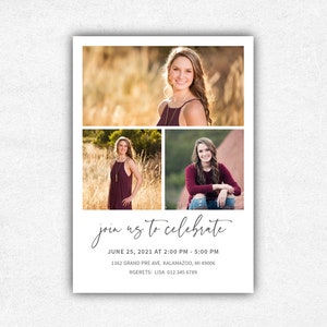 Pode incluir: Um convite para uma festa de gradua&ccedil;&atilde;o com uma colagem de tr&ecirc;s fotos de uma jovem em um campo. O texto diz "join us to celebrate" com a data, hora, endere&ccedil;o e informa&ccedil;&otilde;es de contato.