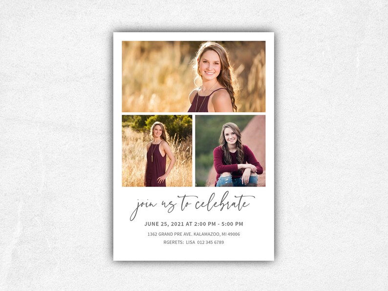 Pode incluir: Um convite para uma festa de gradua&ccedil;&atilde;o com uma colagem de tr&ecirc;s fotos de uma jovem em um campo. O texto diz "join us to celebrate" com a data, hora, endere&ccedil;o e informa&ccedil;&otilde;es de contato.
