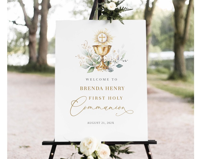 Green First Holy Communion Welcome Sign, Editable First Communion ...