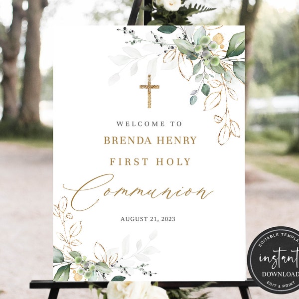 First Communion Welcome Sign Template, Greenery First Communion Welcome Sign, Editable First Communion Welcome Sign, Communion Welcome Sign