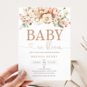 Editable Baby in Bloom Baby Shower Invitation, Pink Baby Shower Invitation, Pink Floral Baby Shower Invitation, Pink Rose Baby Shower Invite