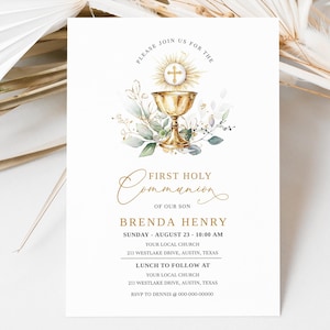 May include: A First Holy Communion invitation with a gold chalice, cross, and floral accents. The invitation includes the text "First Holy Communion" and details for Brenda Henry's son, including date, time, and location.