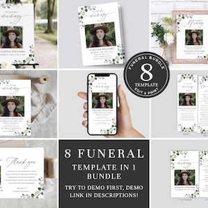 Könnte beinhalten: Ein Satz von 8 druckbaren Trauerkartenvorlagen mit einem grünen und weißen Blumendesign. Die Vorlagen beinhalten eine Gedenkkarte, eine Dankeskarte und ein Programm. Der Text auf den Vorlagen lautet "In liebevoller Erinnerung an" und "Vielen Dank".