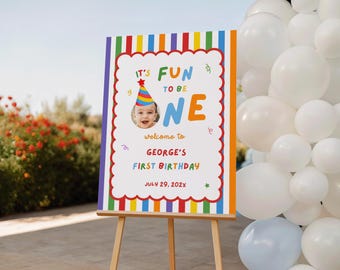 Fun to Be One Birthday Welcome Sign, Colorful First Birthday Welcome Sign, One is Fun Party Sign, Editable Birthday Sign Canva Template
