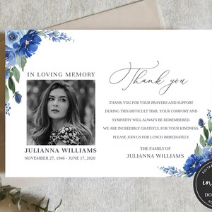 May include: A blue and white floral sympathy card with a photo of a woman and the text "In Loving Memory" and "Thank You". The card includes the name "Julianna Williams" and the dates "November 27, 1946 - June 17, 2020".