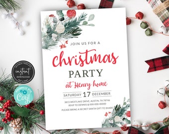May include: A white Christmas party invitation with a red and green watercolor design. The text reads "Join us for a Christmas Party at Henry home, Saturday 17 December, 3815 Westlake Drive, Austin, TX 78746, RSVP to Dennis @ 000-000-00000, Please bring a Secret Santa gift to share."