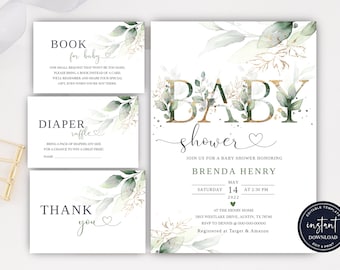 Greenery Baby Shower Invitation Set, Green & Gold Baby Shower Invitation Set, Gender Neutral Baby Shower Invitation, Baby Shower, BSI04ZBR